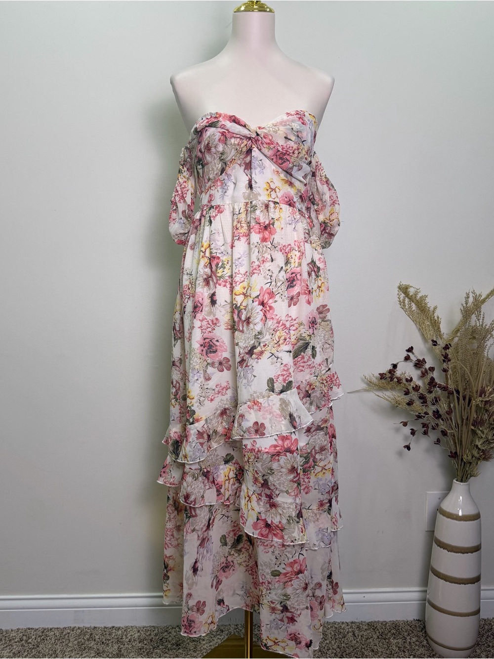 SBetro Floral Off the Shoulder Tiered Maxi Dress Womens Medium M Chiffon Boho